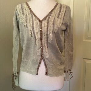 MOTH.  cardigan sweater button front, size large darling detail. Taupe and cream